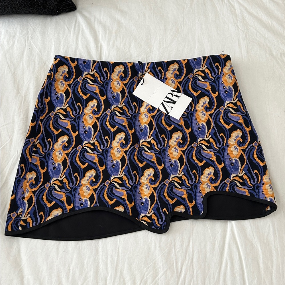 Zara Blue and Orange Patterned Mini Skirt
